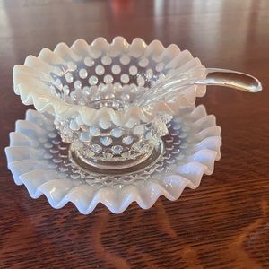Opalescent Hobnail Mayonnaise, Ruffled Underplate, and Spoon